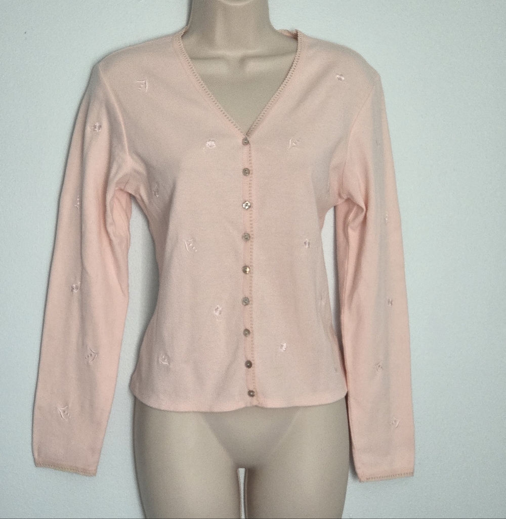 Christie & Jill Stretch Light Pink Button Front Embroidered Cardigan